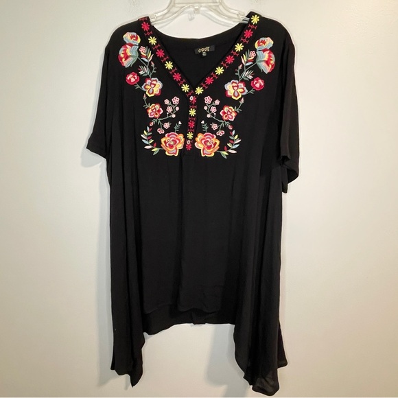 ODDY Tops - ODDY Embroidered Floral Tunic Black Top 2XL